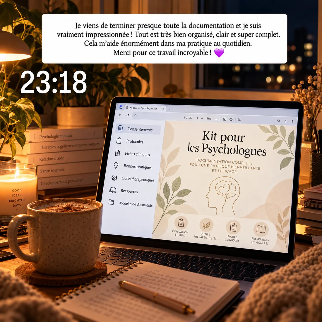 Message d'une acheteuse à 23 h 18 : la documentation est très bien organisée, claire et complète