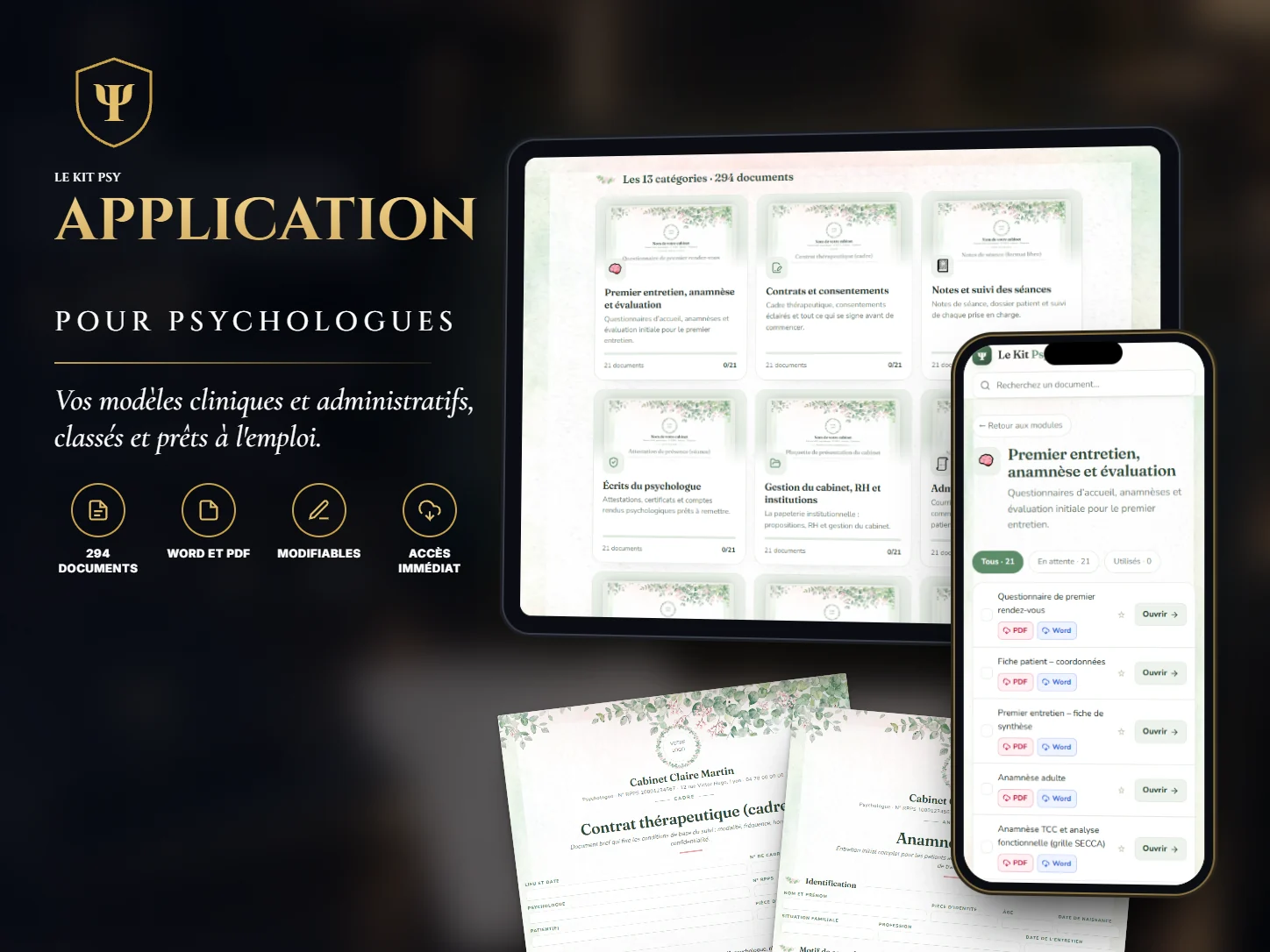 L'application du Kit Psy ouverte sur une tablette et un téléphone, avec les documents du kit